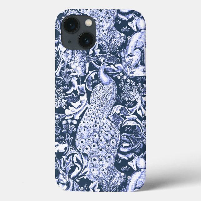 Art Nouveau Peacock Print, Navy and White Case-Mate iPhone Case (Back)