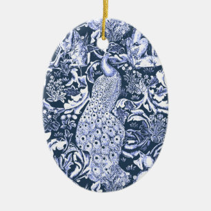 Art Nouveau Peacock Print, Navy and White Ceramic Ornament