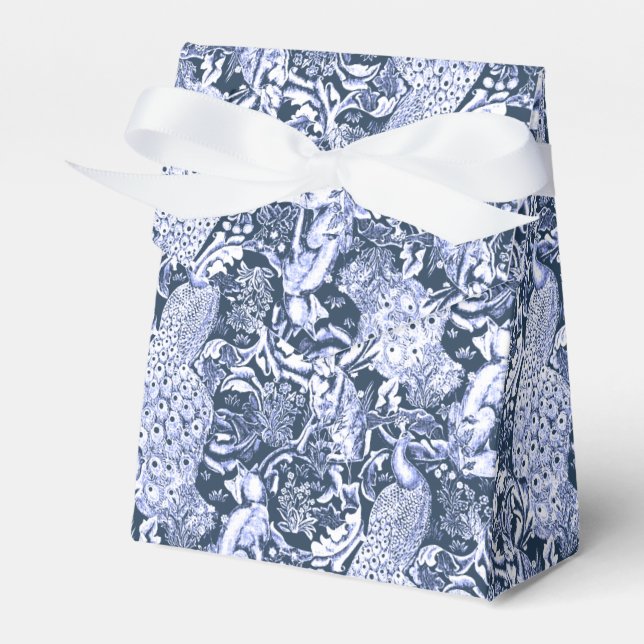 Art Nouveau Peacock Print, Navy and White Favor Box (Front Side)