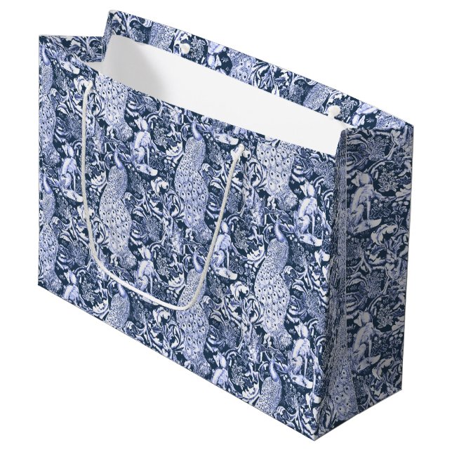 Art Nouveau Peacock Print, Navy and White Large Gift Bag (Front Angled)