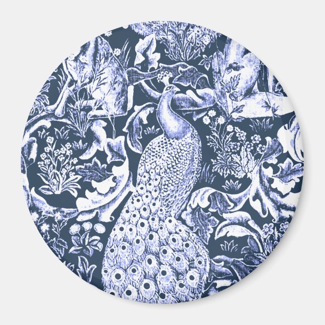 Art Nouveau Peacock Print, Navy and White Magnet (Front)