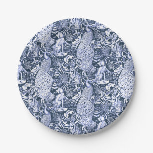 Art Nouveau Peacock Print, Navy and White Paper Plate