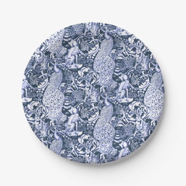 Art Nouveau Peacock Print, Navy and White Paper Plate (Front)
