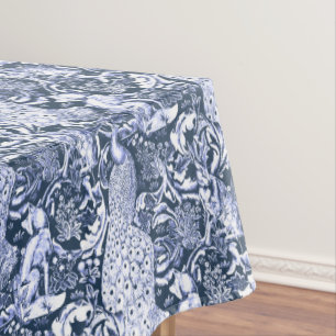 Art Nouveau Peacock Print, Navy and White Tablecloth