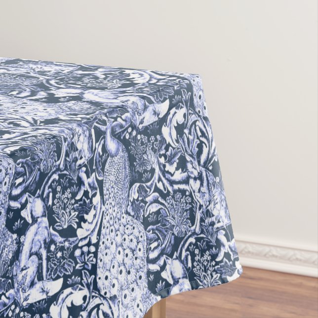 Art Nouveau Peacock Print, Navy and White Tablecloth (In Situ)