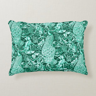 Art Nouveau Peacock Print, Turquoise and Aqua Accent Pillow