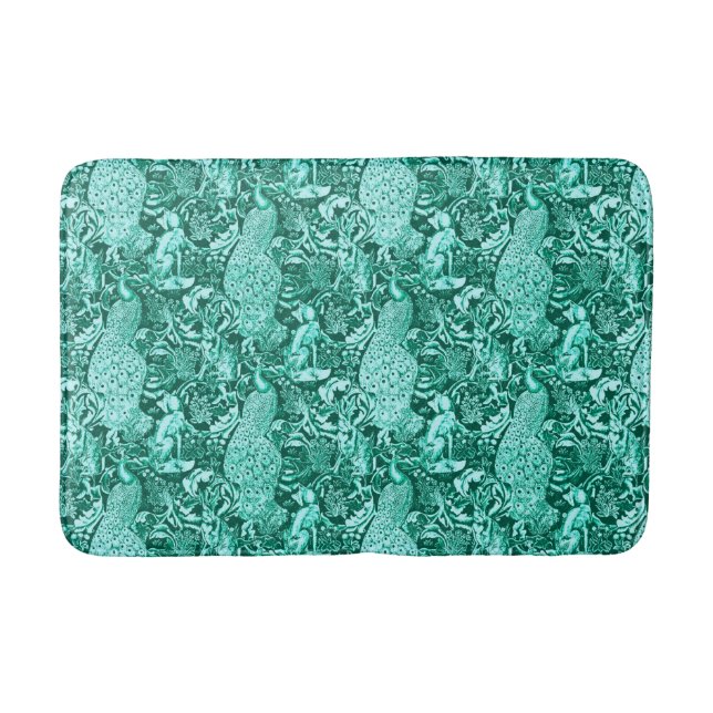 Art Nouveau Peacock Print, Turquoise and Aqua Bath Mat (Front)