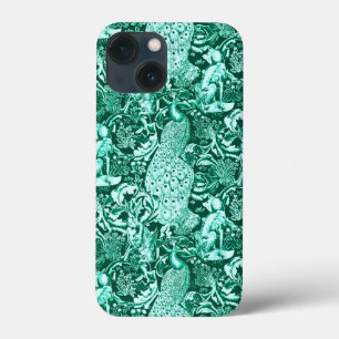Art Nouveau Peacock Print, Turquoise and Aqua iPhone 13 Mini Case