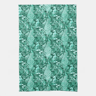 Art Nouveau Peacock Print, Turquoise and Aqua Kitchen Towel