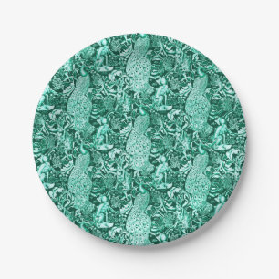 Art Nouveau Peacock Print, Turquoise and Aqua Paper Plate
