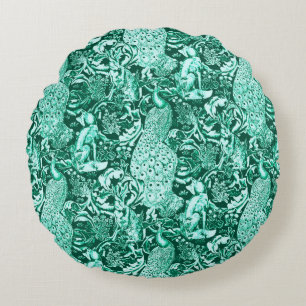 Art Nouveau Peacock Print, Turquoise and Aqua Round Pillow