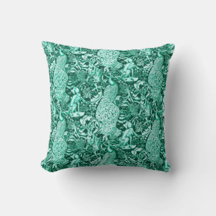 Art Nouveau Peacock Print, Turquoise and Aqua Throw Pillow
