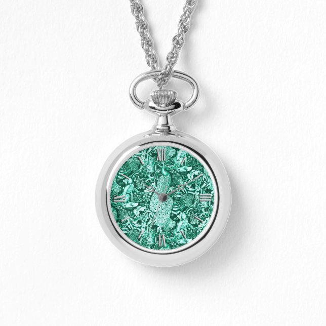 Art Nouveau Peacock Print, Turquoise and Aqua Watch (Front)