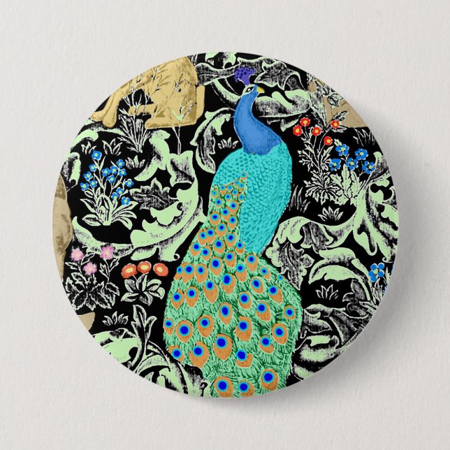 Art Nouveau Peacock Print, Turquoise & Neutrals 3 Inch Round Button (Front)