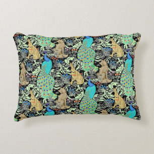 Art Nouveau Peacock Print, Turquoise & Neutrals Accent Pillow