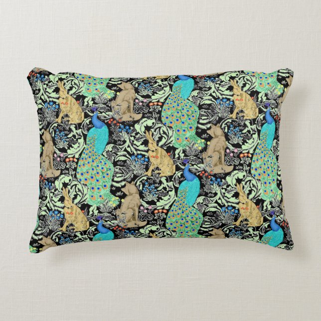 Art Nouveau Peacock Print, Turquoise & Neutrals Accent Pillow (Front)