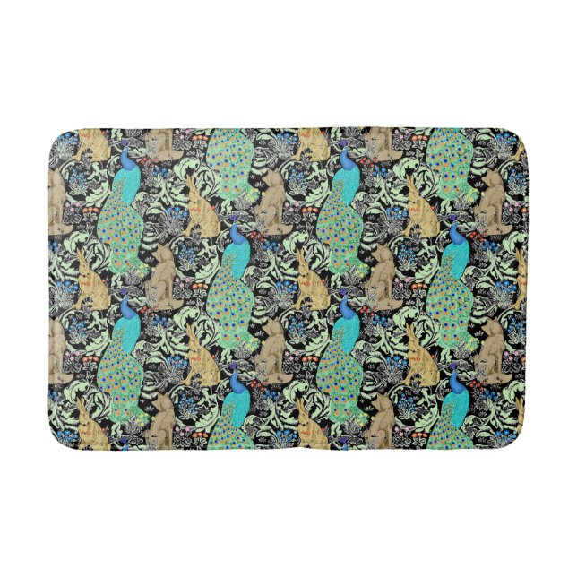 Art Nouveau Peacock Print, Turquoise & Neutrals Bath Mat (Front)