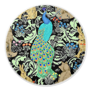 Art Nouveau Peacock Print, Turquoise & Neutrals Ceramic Knob