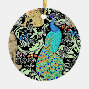 Art Nouveau Peacock Print, Turquoise & Neutrals Ceramic Ornament