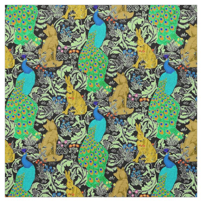 Art Nouveau Peacock Print, Turquoise & Neutrals Fabric (Swatch)