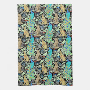 Art Nouveau Peacock Print, Turquoise & Neutrals Kitchen Towel