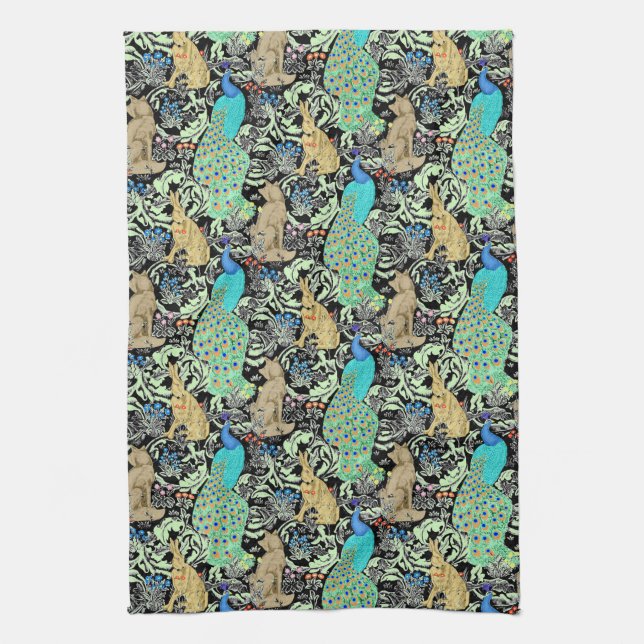 Art Nouveau Peacock Print, Turquoise & Neutrals Kitchen Towel (Vertical)