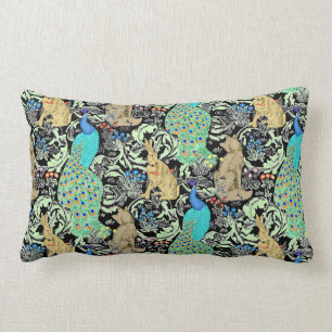 Art Nouveau Peacock Print, Turquoise & Neutrals Lumbar Pillow