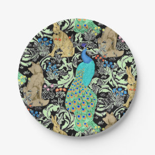 Art Nouveau Peacock Print, Turquoise & Neutrals Paper Plate