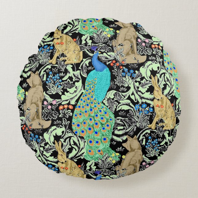 Art Nouveau Peacock Print, Turquoise & Neutrals Round Pillow (Front)