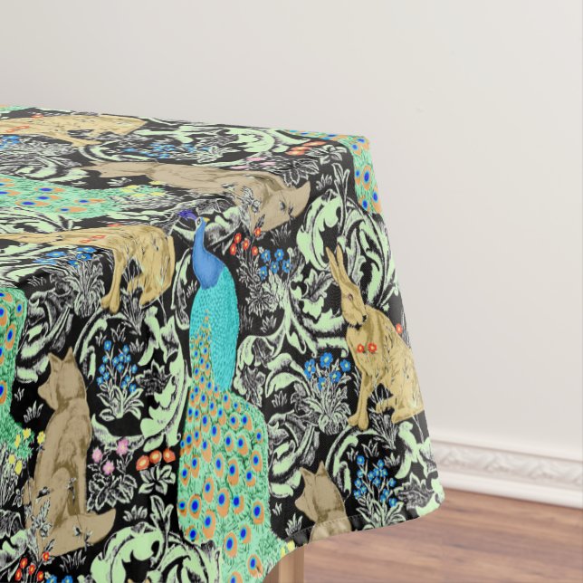 Art Nouveau Peacock Print, Turquoise & Neutrals Tablecloth (In Situ)