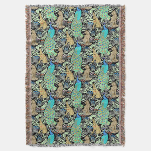Art Nouveau Peacock Print, Turquoise & Neutrals Throw Blanket