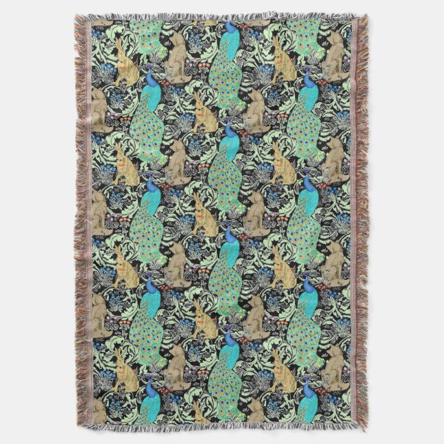 Art Nouveau Peacock Print, Turquoise & Neutrals Throw Blanket (Front Vertical)