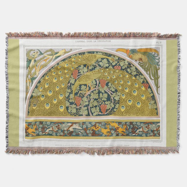 Art nouveau peacock rooster grapevine verneuil throw blanket (Front)