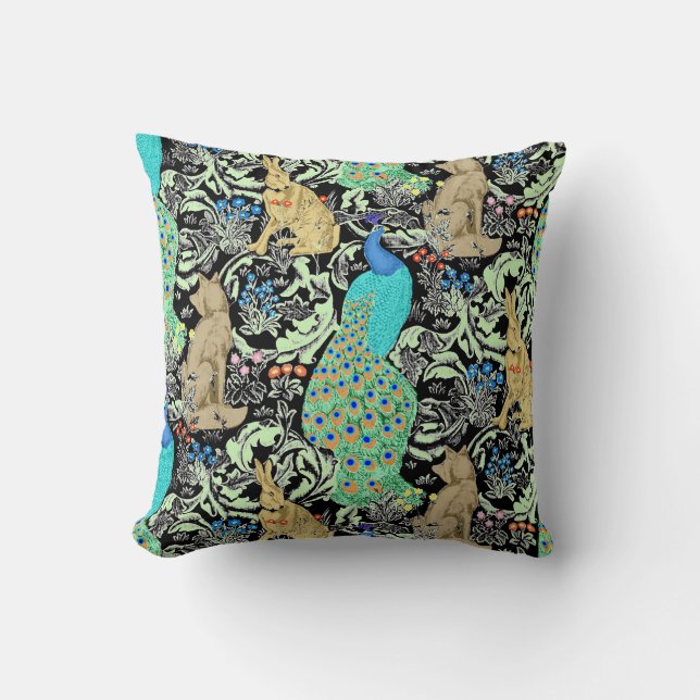 Art Nouveau Peacock, Turquoise & Neutrals Throw Pillow (Front)