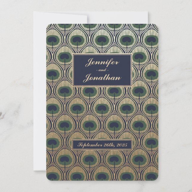 Art Nouveau Peacock Wedding Invitations Gold Foil (Front)