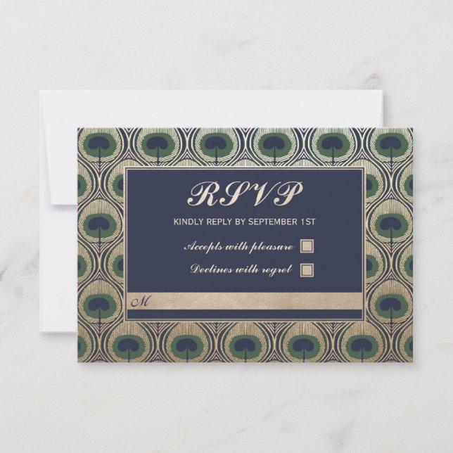 Art Nouveau Peacock Wedding RSVP Cards Gold Foil (Front)