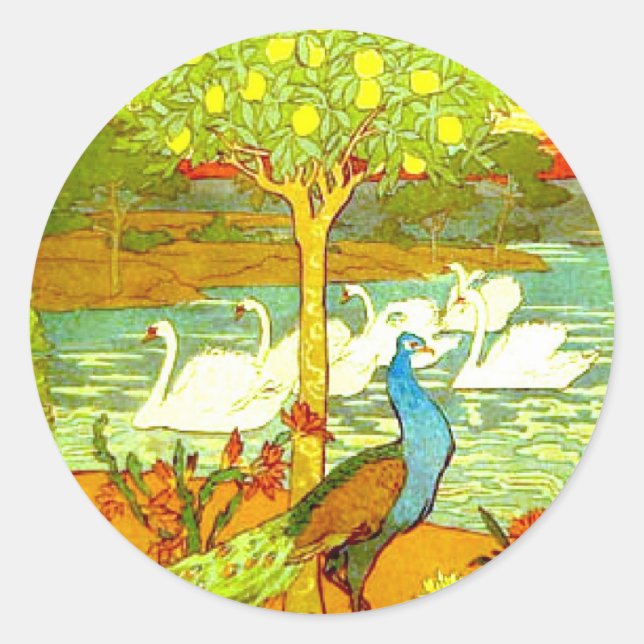 Art Nouveau Peacocks and Swans Classic Round Sticker (Front)