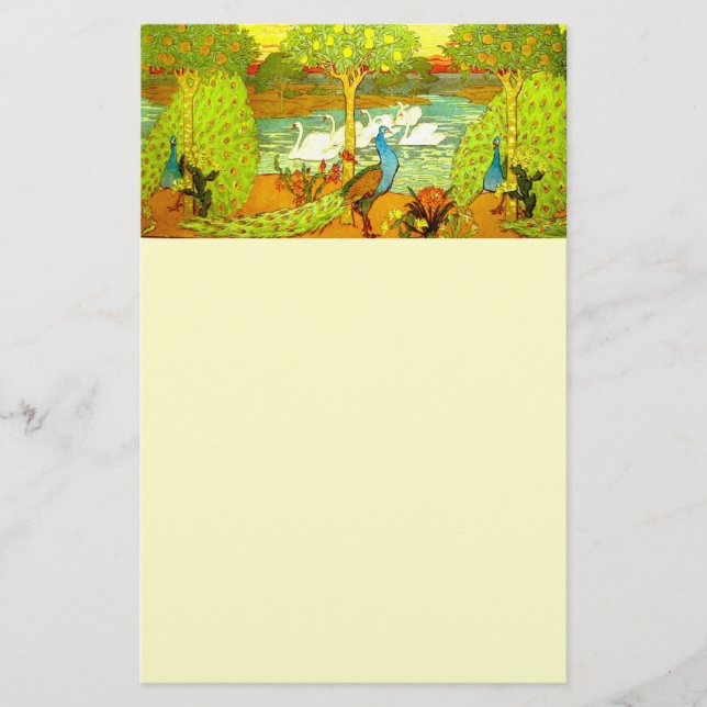 Art Nouveau Peacocks and Swans Stationery (Front)