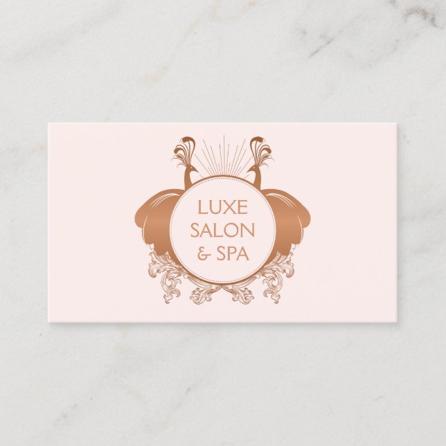 Art Nouveau Peacocks Logo Rose Gold/Pink Business Card (Front)