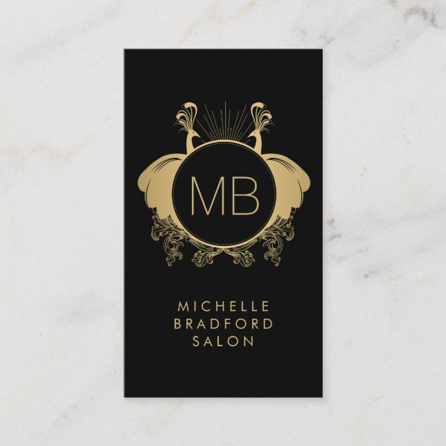 Art Nouveau Peacocks Monogram Logo Gold/Black Business Card (Front)