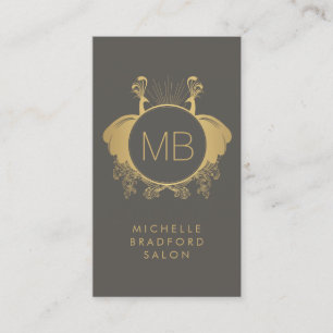 Art Nouveau Peacocks Monogram Logo Gold/Grey Business Card