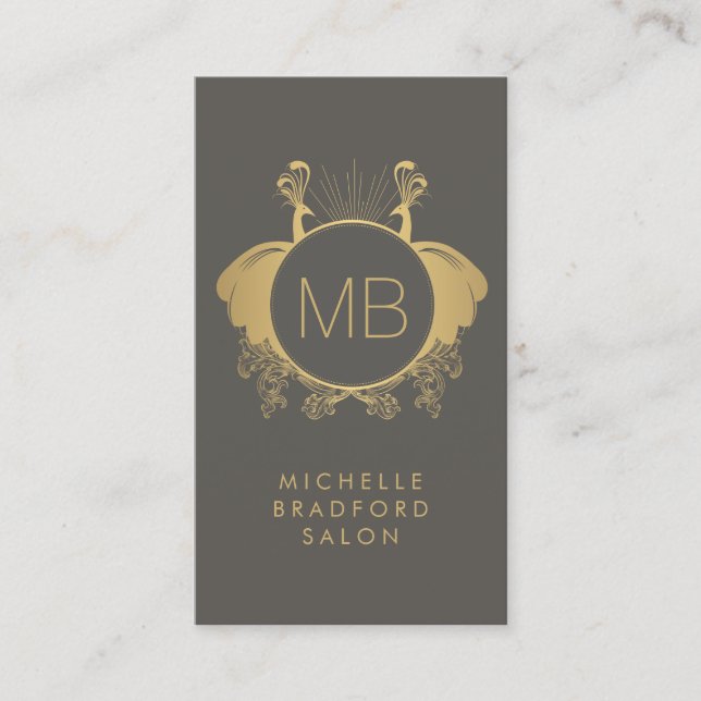 Art Nouveau Peacocks Monogram Logo Gold/Grey Business Card (Front)