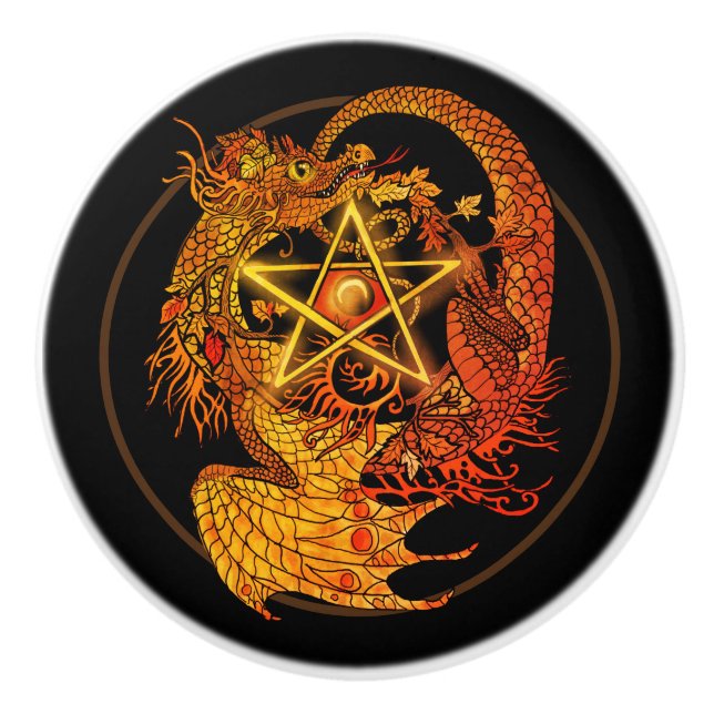 Art Nouveau pentacle dragon Ceramic Knob (Front)
