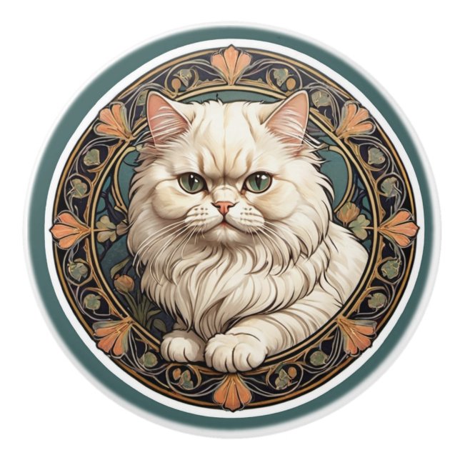 Art Nouveau Persian Cat Ceramic Knob (Front)