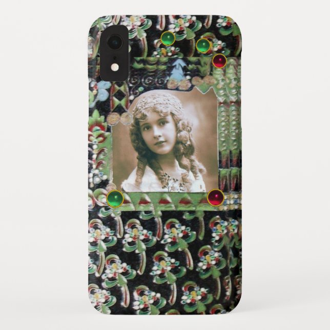 ART NOUVEAU PHOTO TEMPLATE BLACK GREEN RED GEMS Case-Mate iPhone CASE (Back)