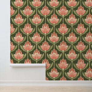 Art Nouveau Pink and Green Tulip Pattern Removable Wallpaper