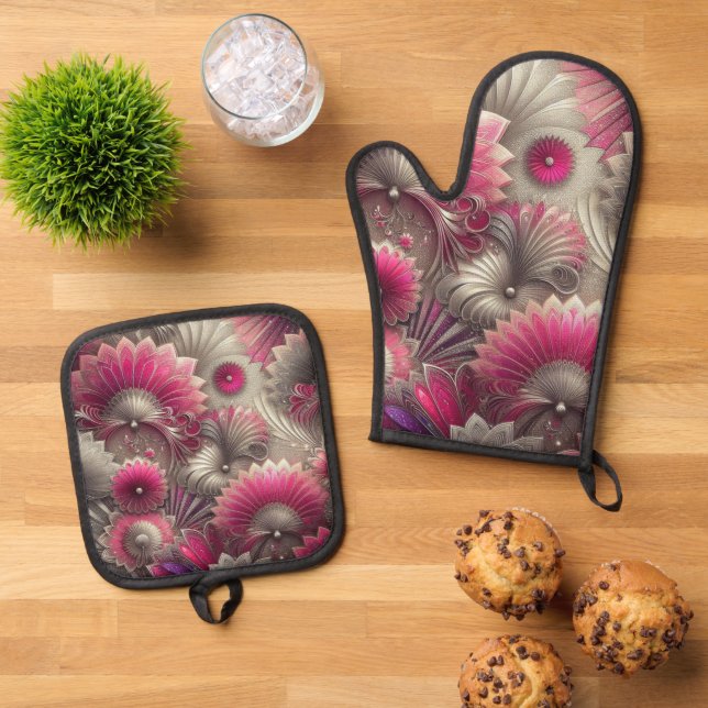 Art Nouveau Pink and Silver Fans Oven Mitt & Pot Holder Set (Top Down)