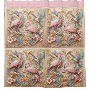 Art Nouveau Pink Flamingos Against Floral Pattern
