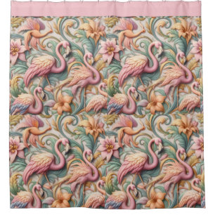 Art Nouveau Pink Flamingos Against Floral Pattern