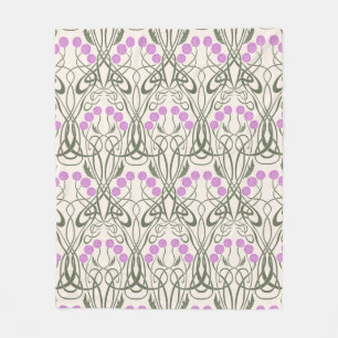 Art Nouveau Pink Roses and Sinuous Stems Fleece Blanket